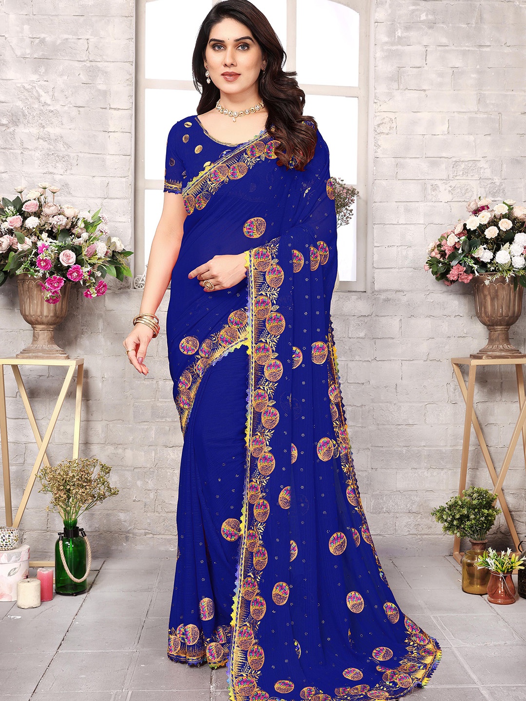 KHRITI FAB Floral Embroidered Pure Georgette Saree, Blue