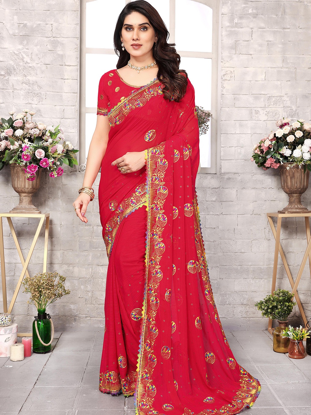 KHRITI FAB Women Embroidered Pure Georgette Saree, Red