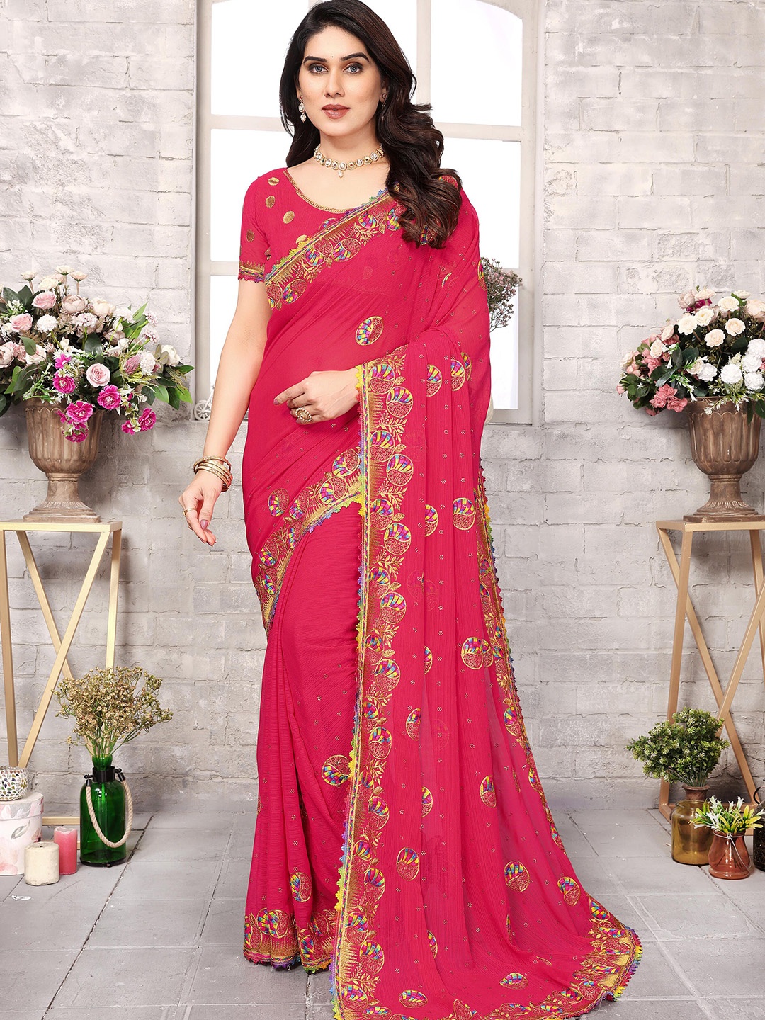 

KHRITI FAB Embroidered Zari Pure Georgette Saree, Pink