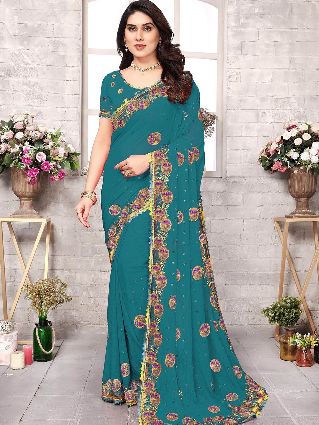 

KHRITI FAB Floral Pure Georgette Saree, Teal
