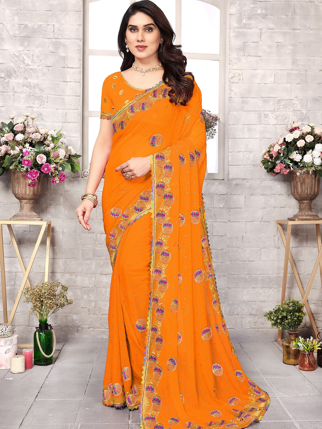 KHRITI FAB Floral Embroidered Pure Georgette Saree, Yellow