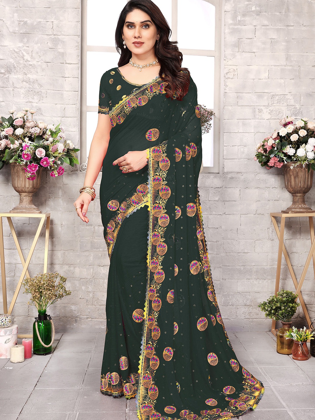 

KHRITI FAB Geometric Embroidered Pure Georgette Saree, Green