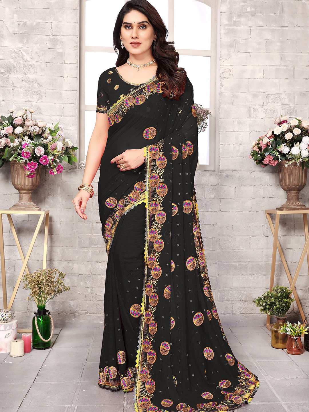 

KHRITI FAB Floral Embroidered Pure Georgette Saree, Black