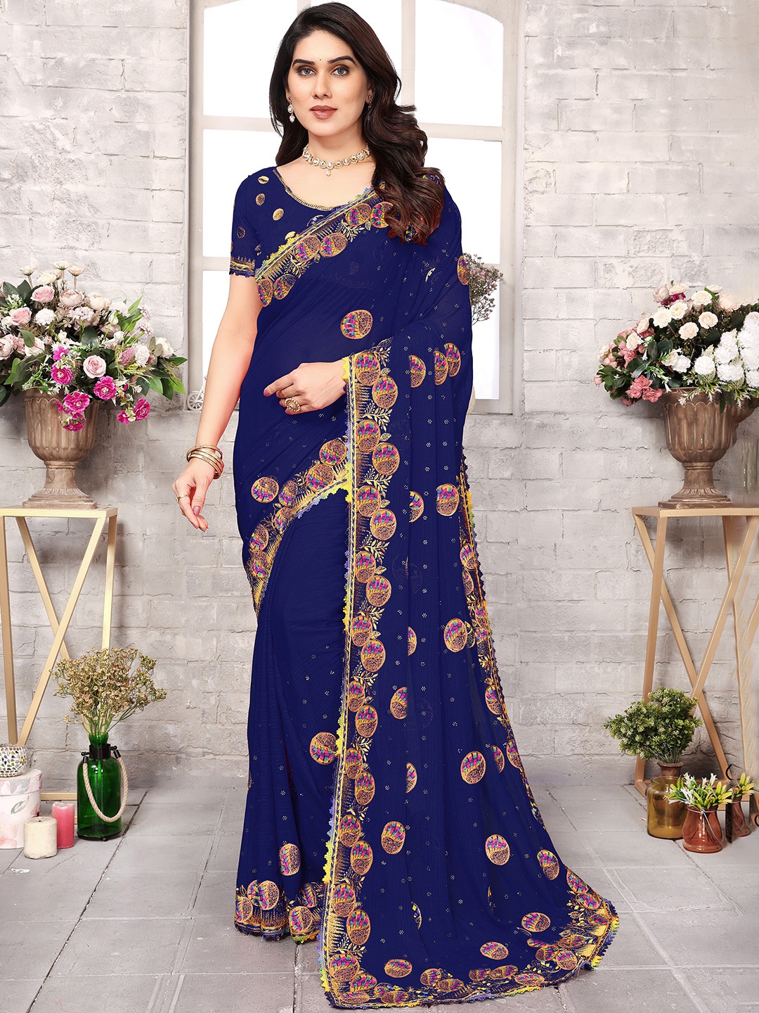 

KHRITI FAB Geometric Embroidered Pure Georgette Saree, Navy blue