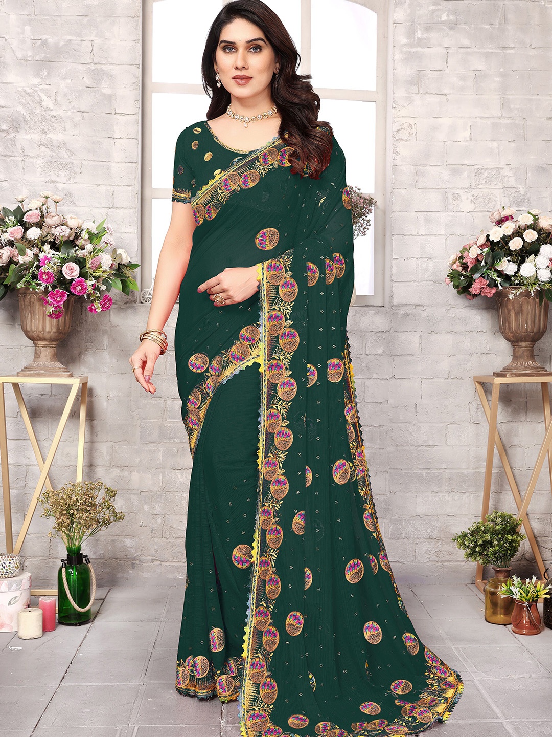 

KHRITI FAB Floral Zari Pure Georgette Saree, Green