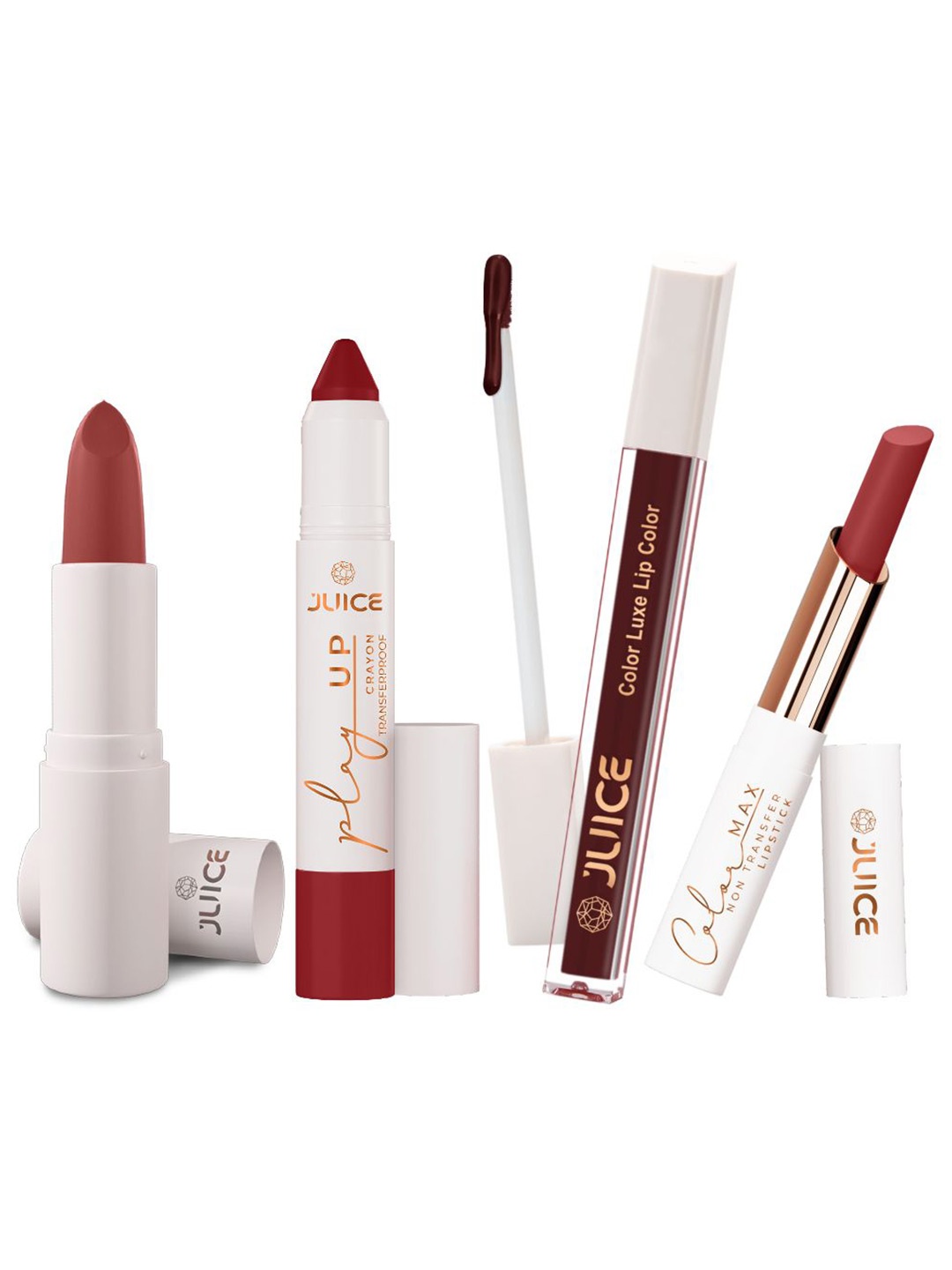 

JUICE Set Of 4 Play Up Color Luxe & Max Long Lasting Lipstick-11.8 g- M22- MCR10 -M08- M03, Red