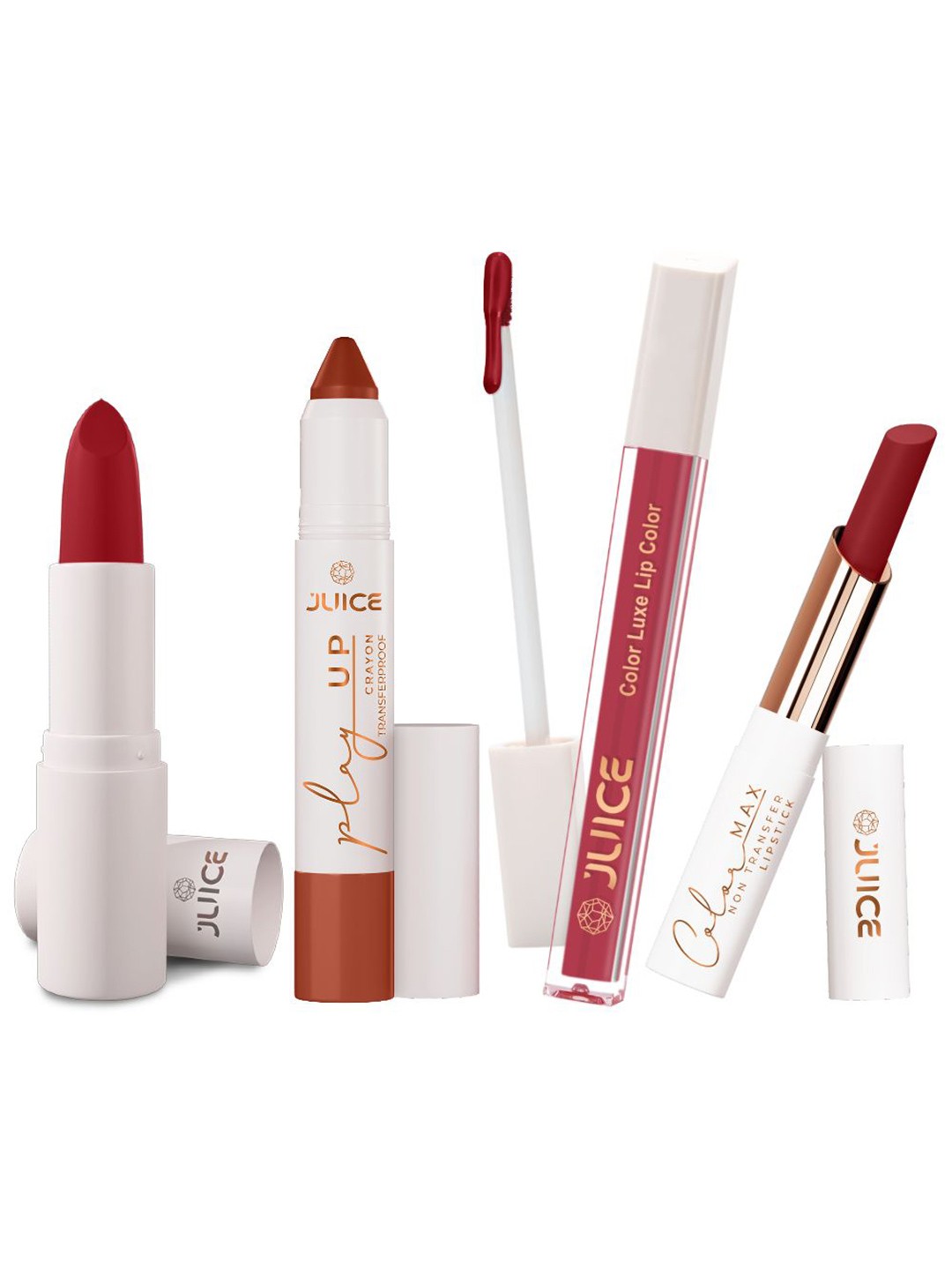 

JUICE Set Of 4 Play Up Color Luxe Color Max Long Lasting Lipstick-11.8g-M03-MCR03-M13- M07, Red
