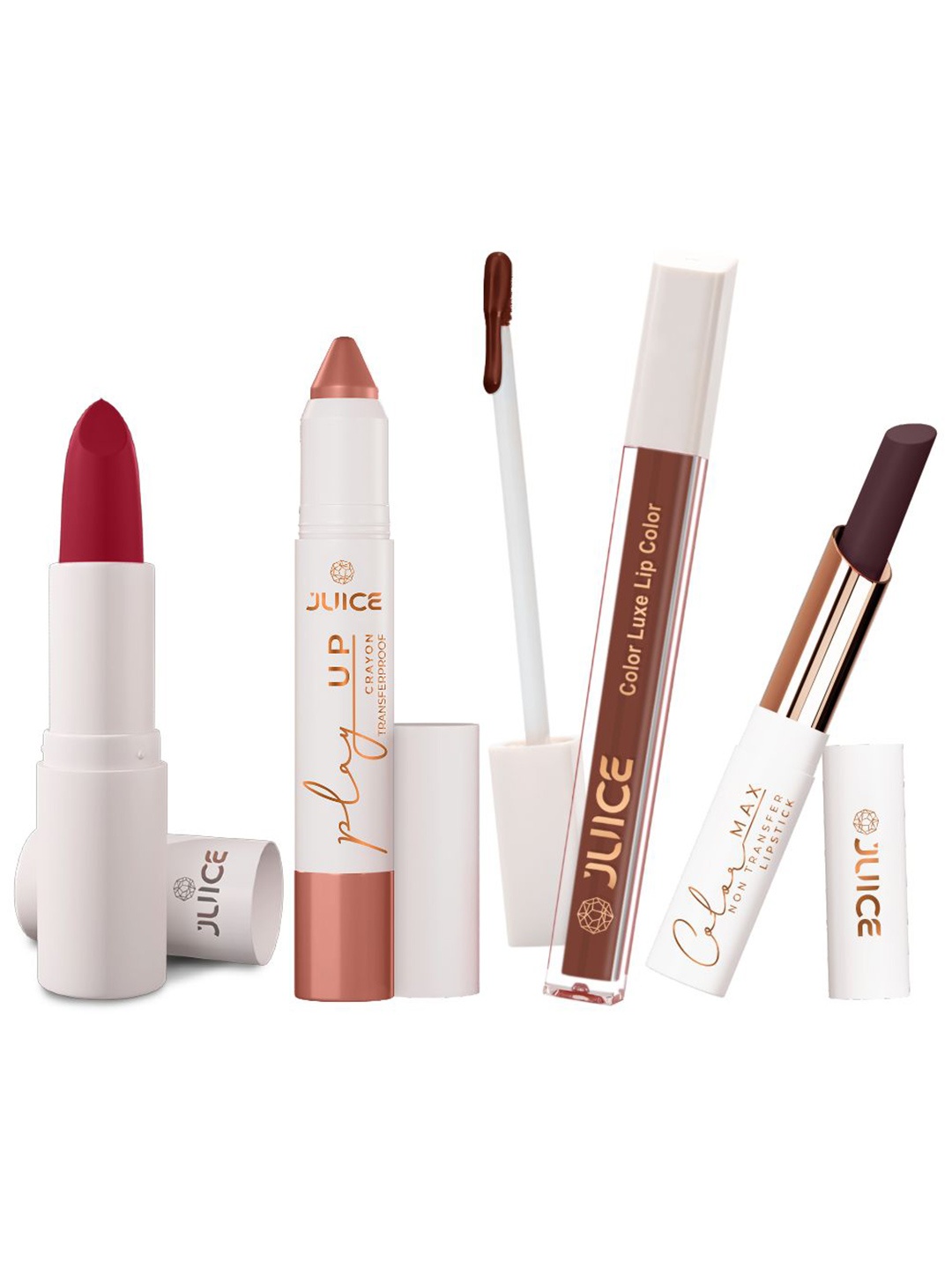 

JUICE Set Of 4 Play Up Color Luxe Color Max Long Lasting Lipstick-11.8g-M02-MCR02-M12- M08, Brown