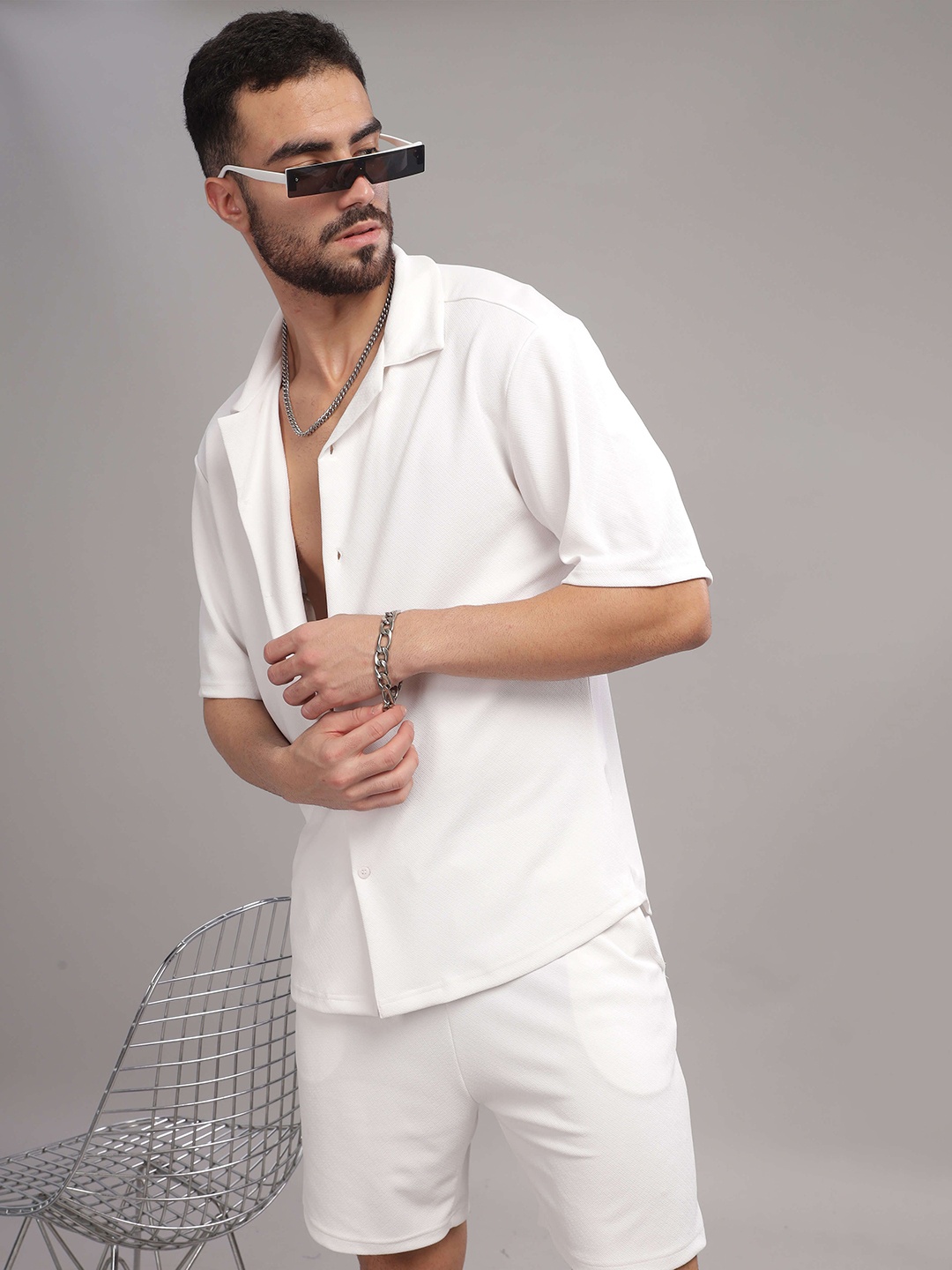 

TRIBE Shirt Collar Short Sleeves Shirt With Shorts, White