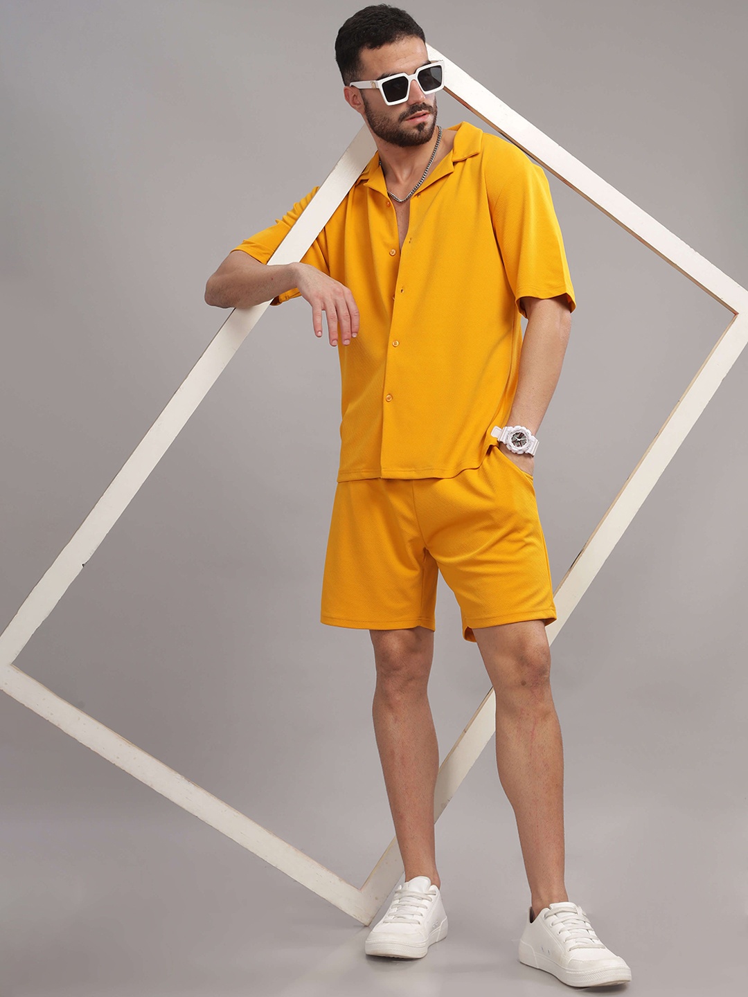 

TRIBE Shirt Collar Short Sleeves Shirt With Shorts, Yellow