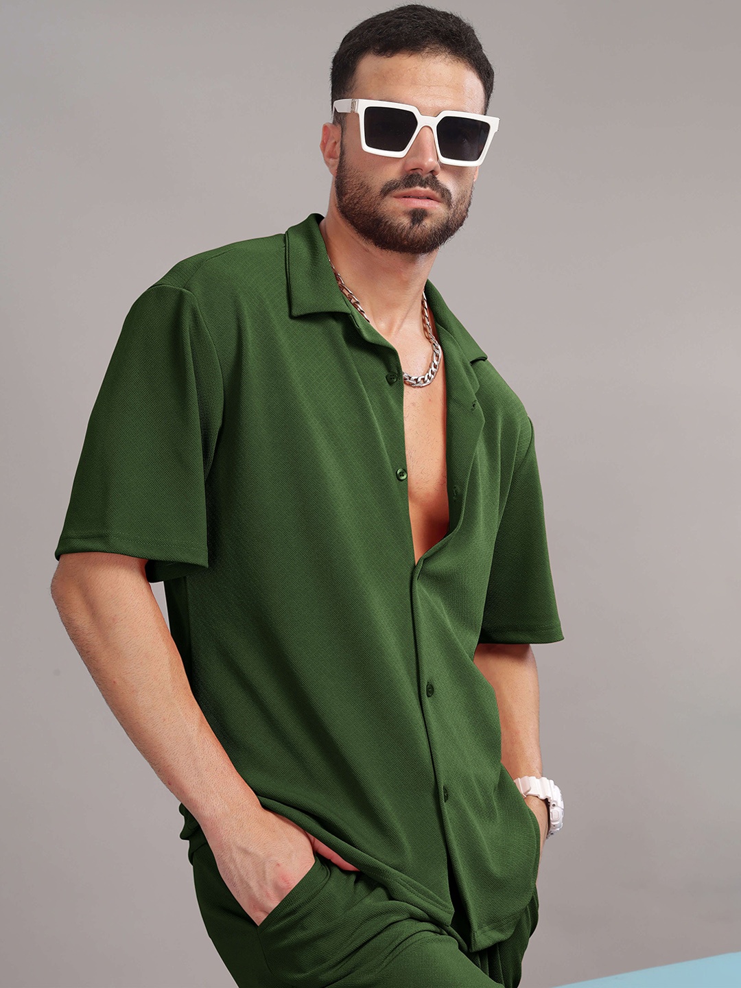 

TRIBE Shirt Collar Short Sleeves Shirt With Shorts, Olive
