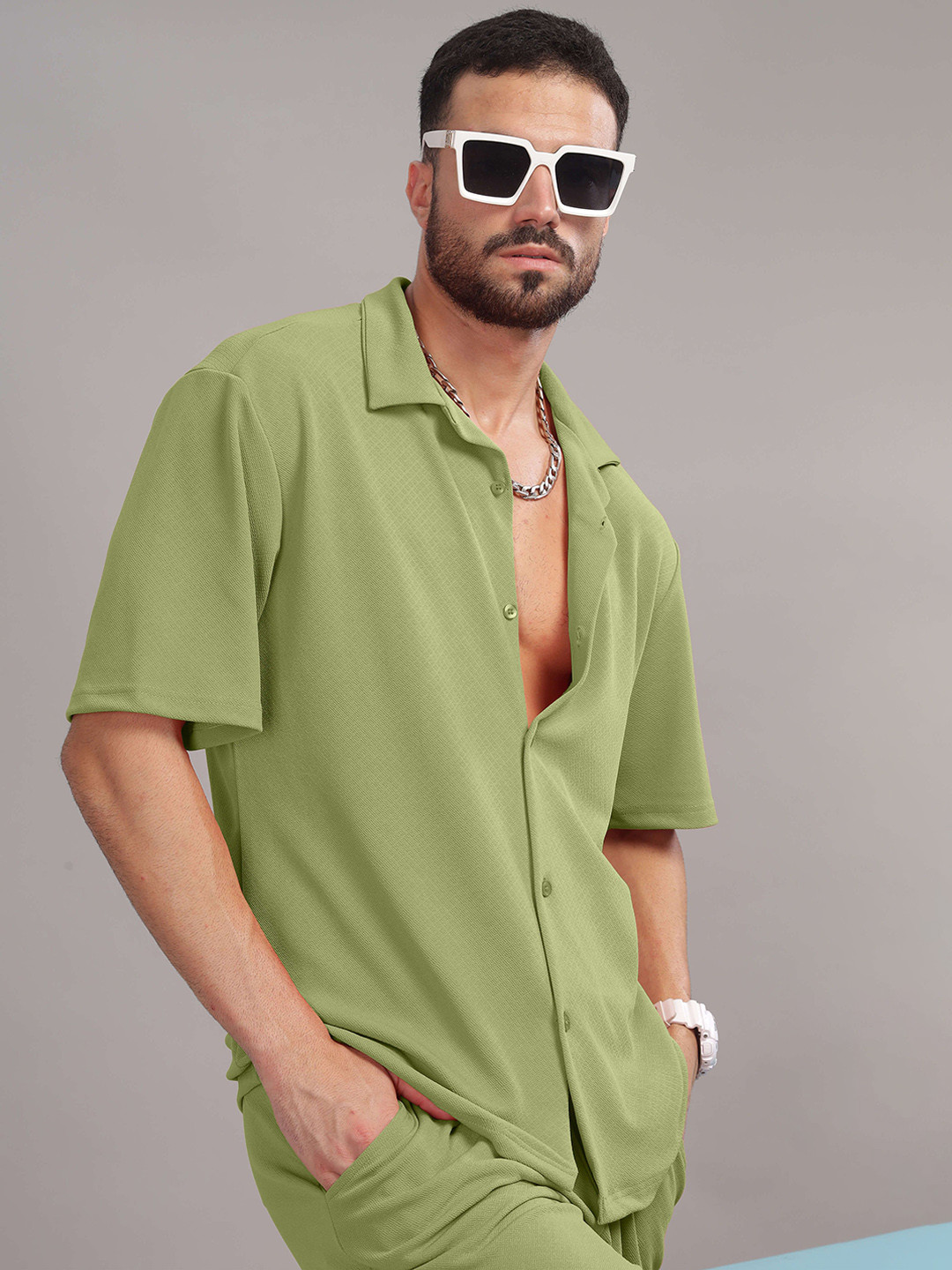 

TRIBE Shirt Collar Short Sleeves Shirt With Shorts, Green