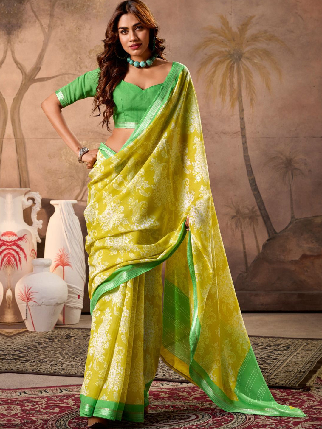 

CHUDIYA Floral Zari Pure Cotton Designer Ikat Saree, Lime green