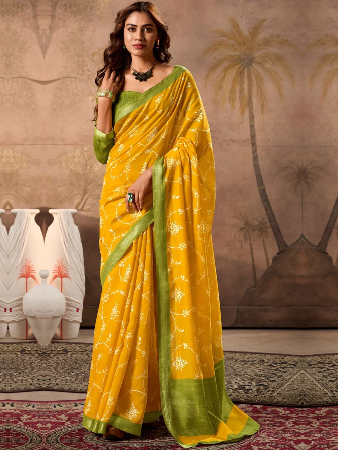 

CHUDIYA Floral Zari Pure Cotton Ikat Saree, Yellow