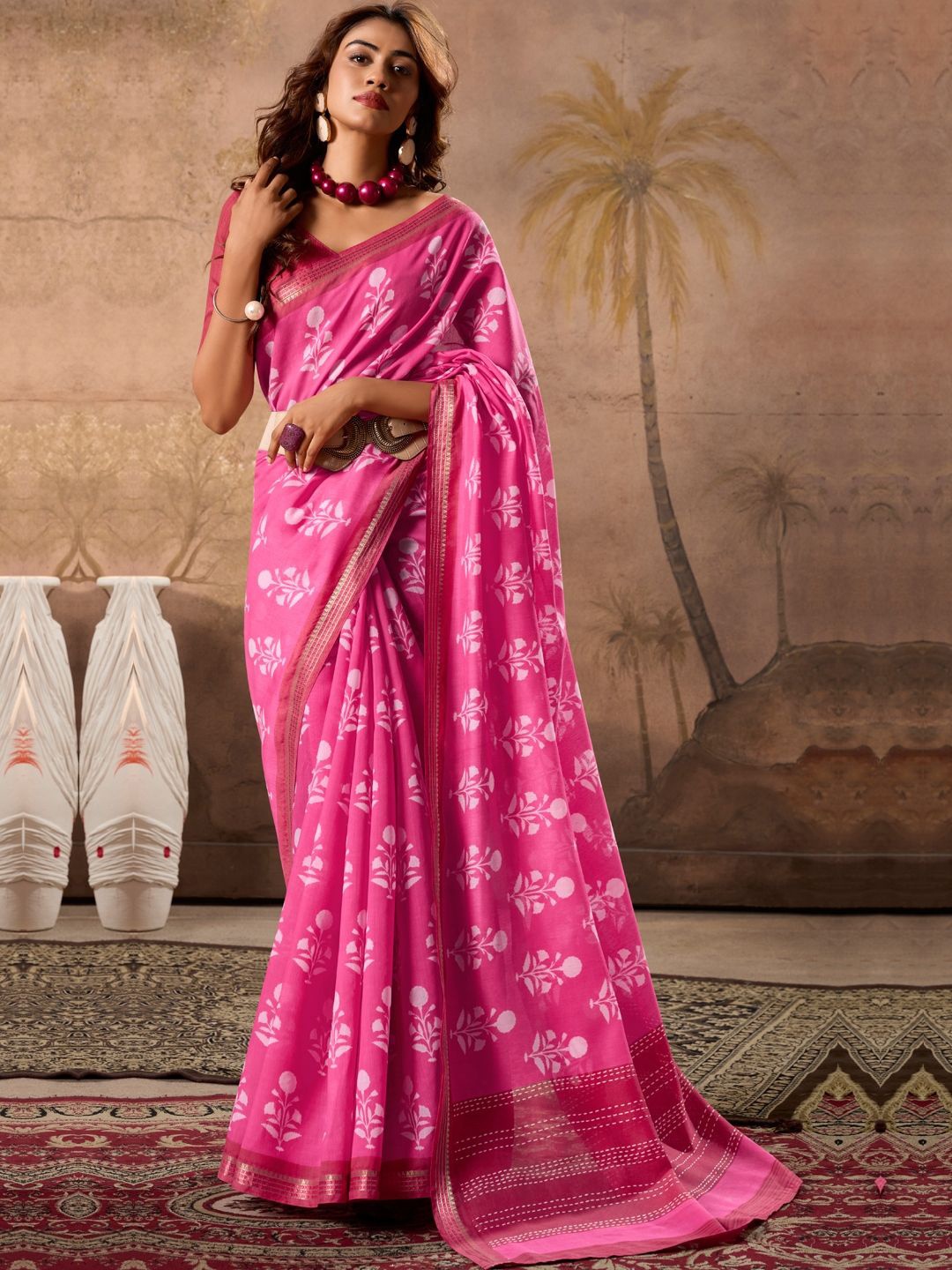 

CHUDIYA Floral Zari Pure Cotton Ikat Saree, Pink