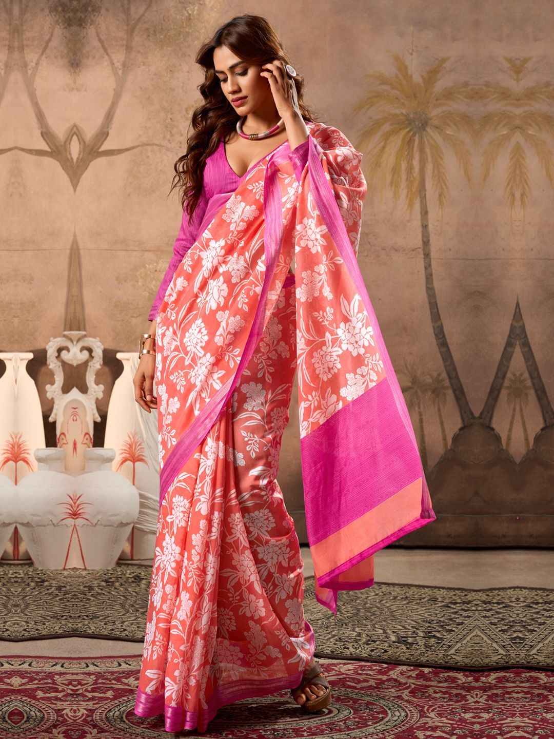 

CHUDIYA Floral Printed Pure Cotton Chanderi Saree, Peach