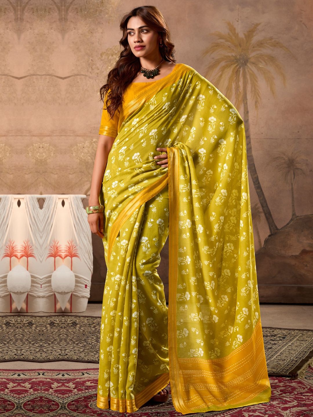 

CHUDIYA Women Floral Pure Cotton Ikat Saree, Olive