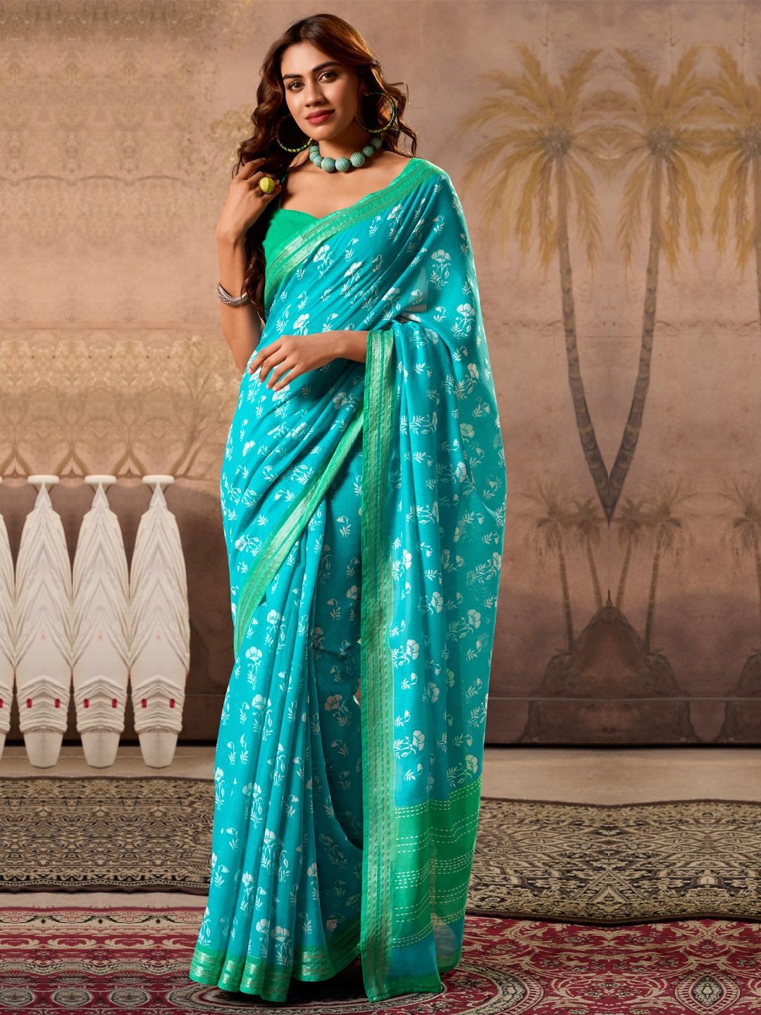 

CHUDIYA Women Floral Printed Pure Cotton Ikat Saree, Blue