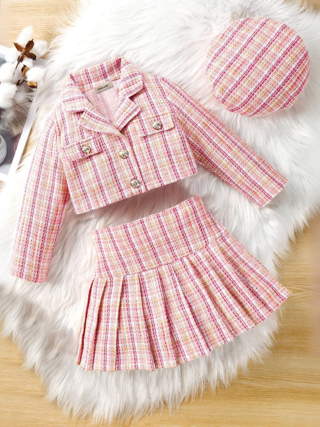 

INCLUD Girls Shirt Collar Checked Shirt with Skirt, Pink