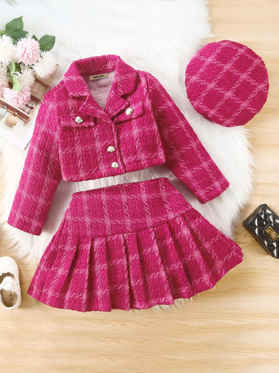 INCLUD Girls Shirt Collar Checked Shirt with Skirt, Fuchsia