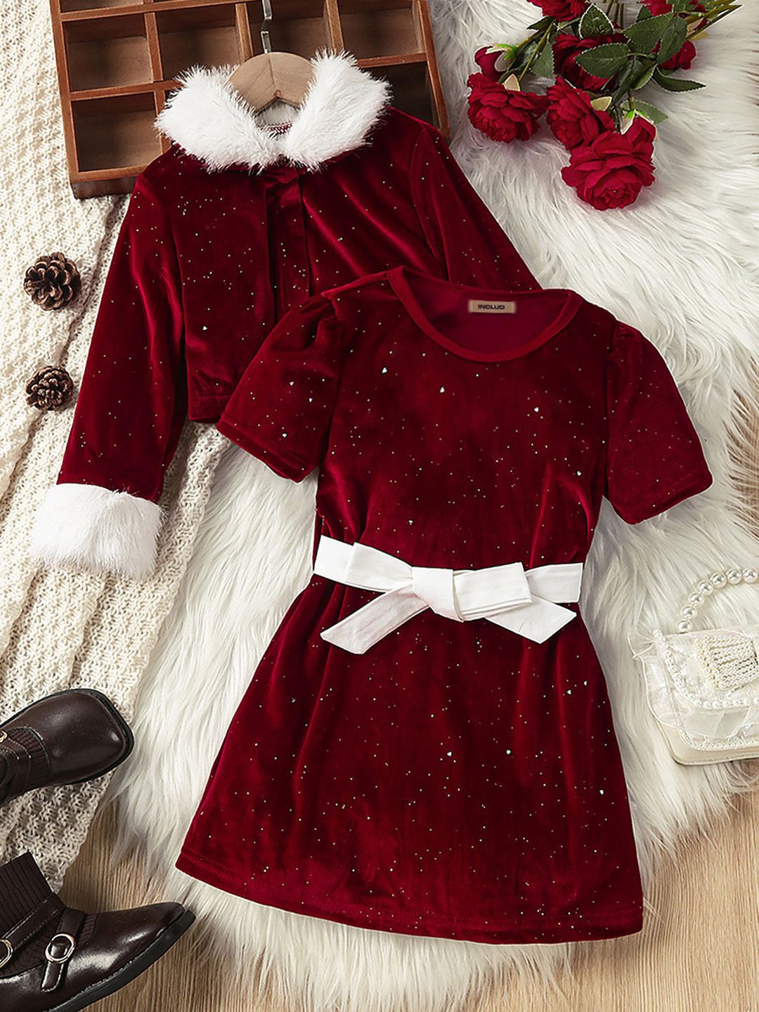 

INCLUD Girls Cotton Embellished A-Line Dress With Jacket, Red