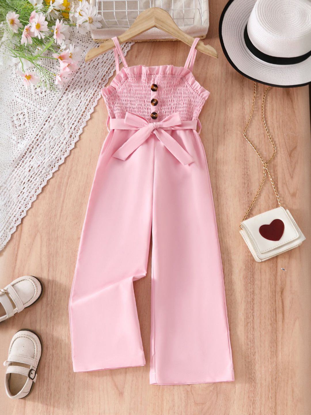 

INCLUD Girls Shoulder Straps Pure Cotton Basic Jumpsuit, Pink