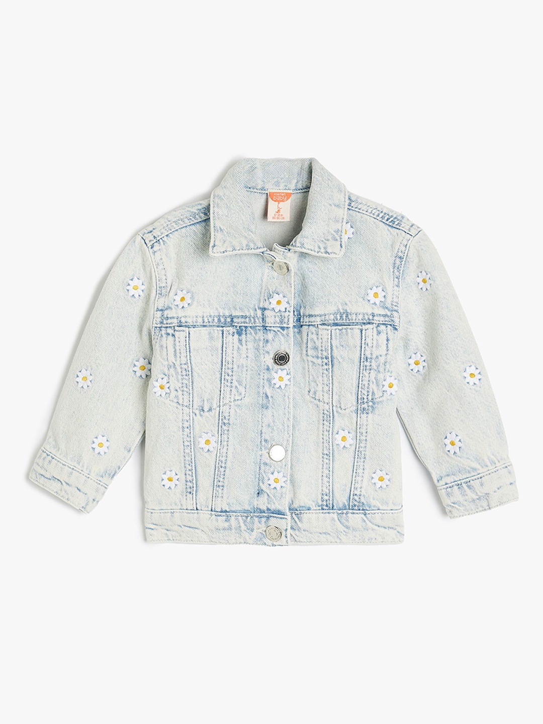 

Koton Girls Spread Collar Washed Self Design Cotton Casual Denim Jacket, Blue