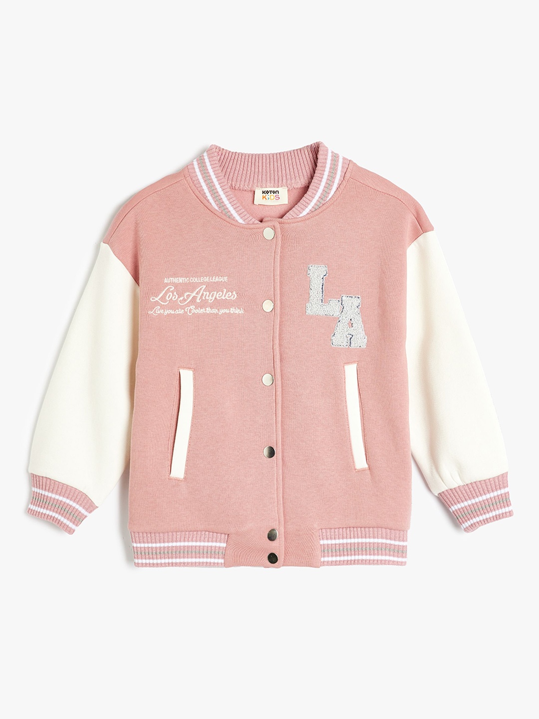 

Koton Girls Stand Collar Typography Embroidered Cotton Casual Varsity Jacket, Pink