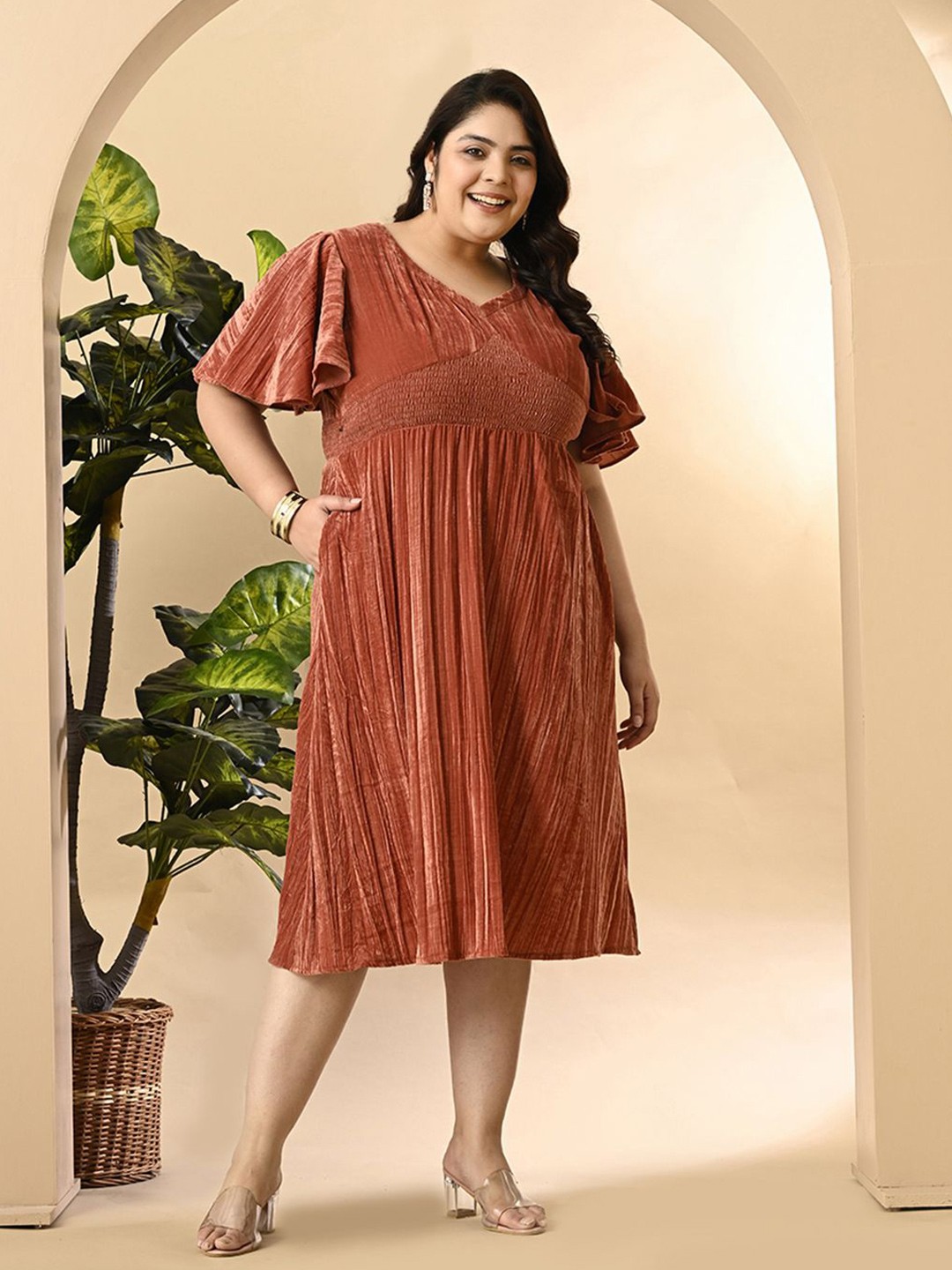

PrettyPlus by Desinoor.com Plus Size Flared Sleeve Velvet Fit & Flare Midi Dress, Peach