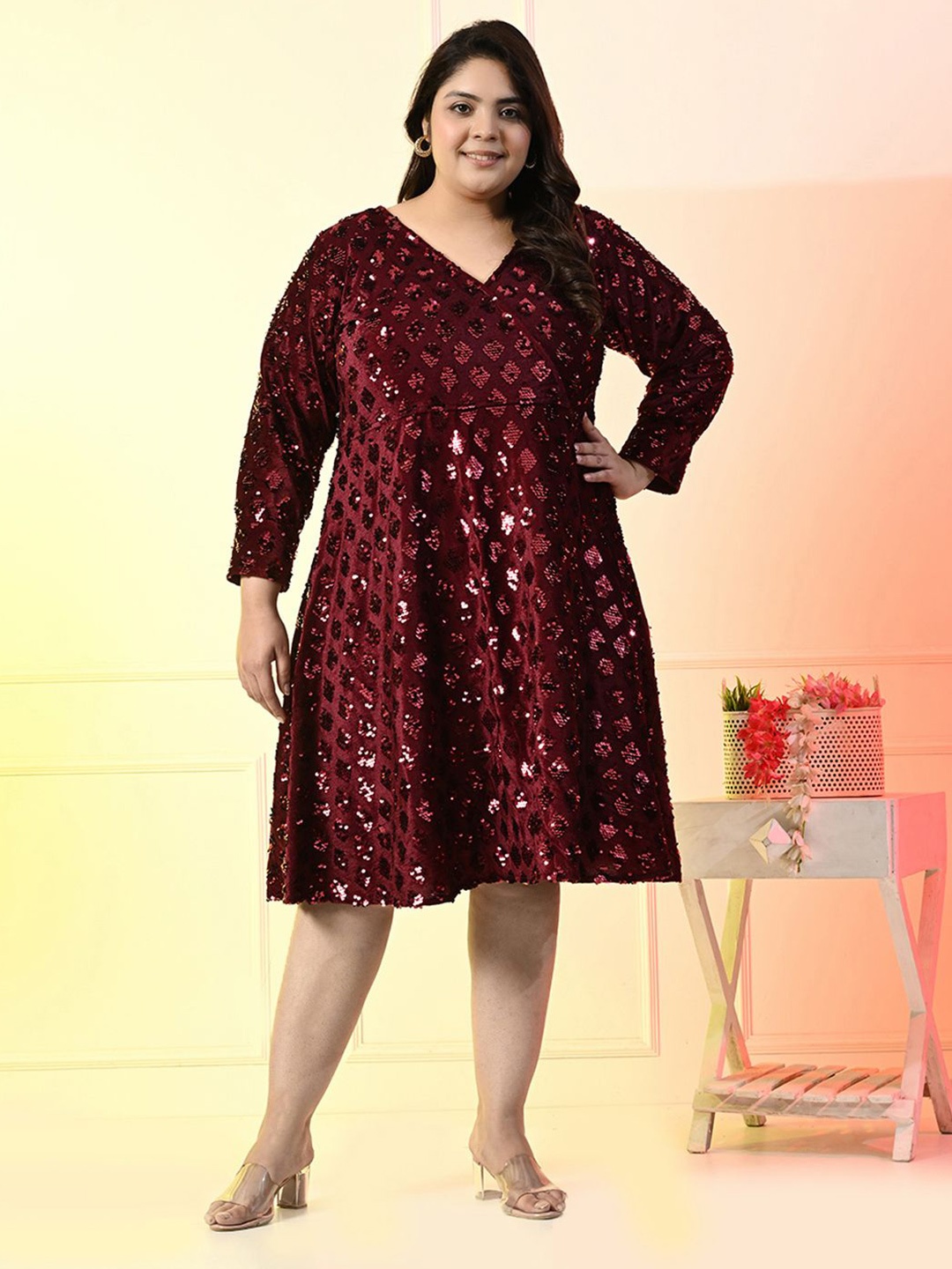 

PrettyPlus by Desinoor.com Women Plus Size Embellished Velvet Fit & Flare Midi Dress, Maroon