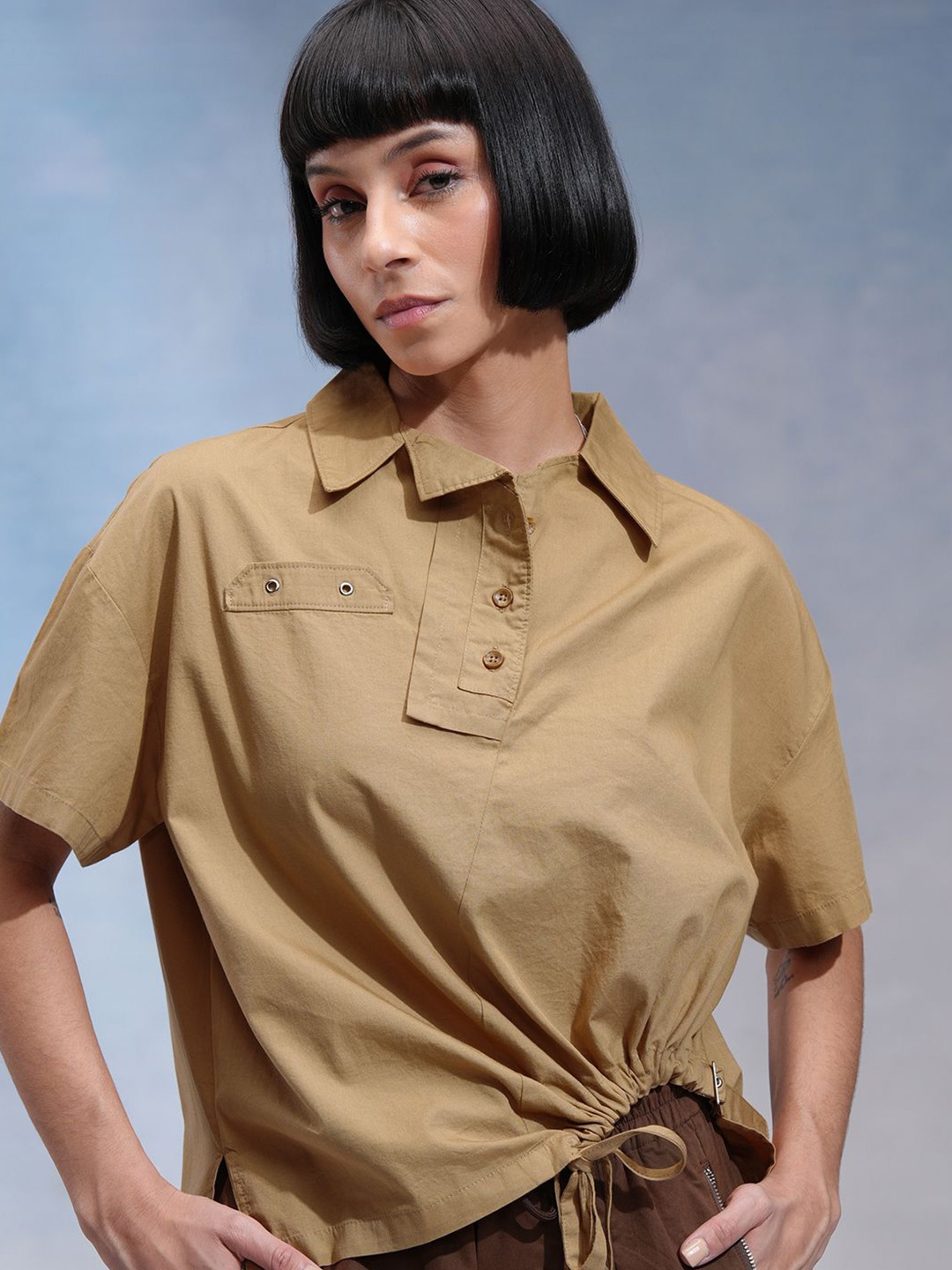 

Tokyo Talkies Women Spread Collar Solid Cotton Relaxed Fit Casual Shirt, Brown