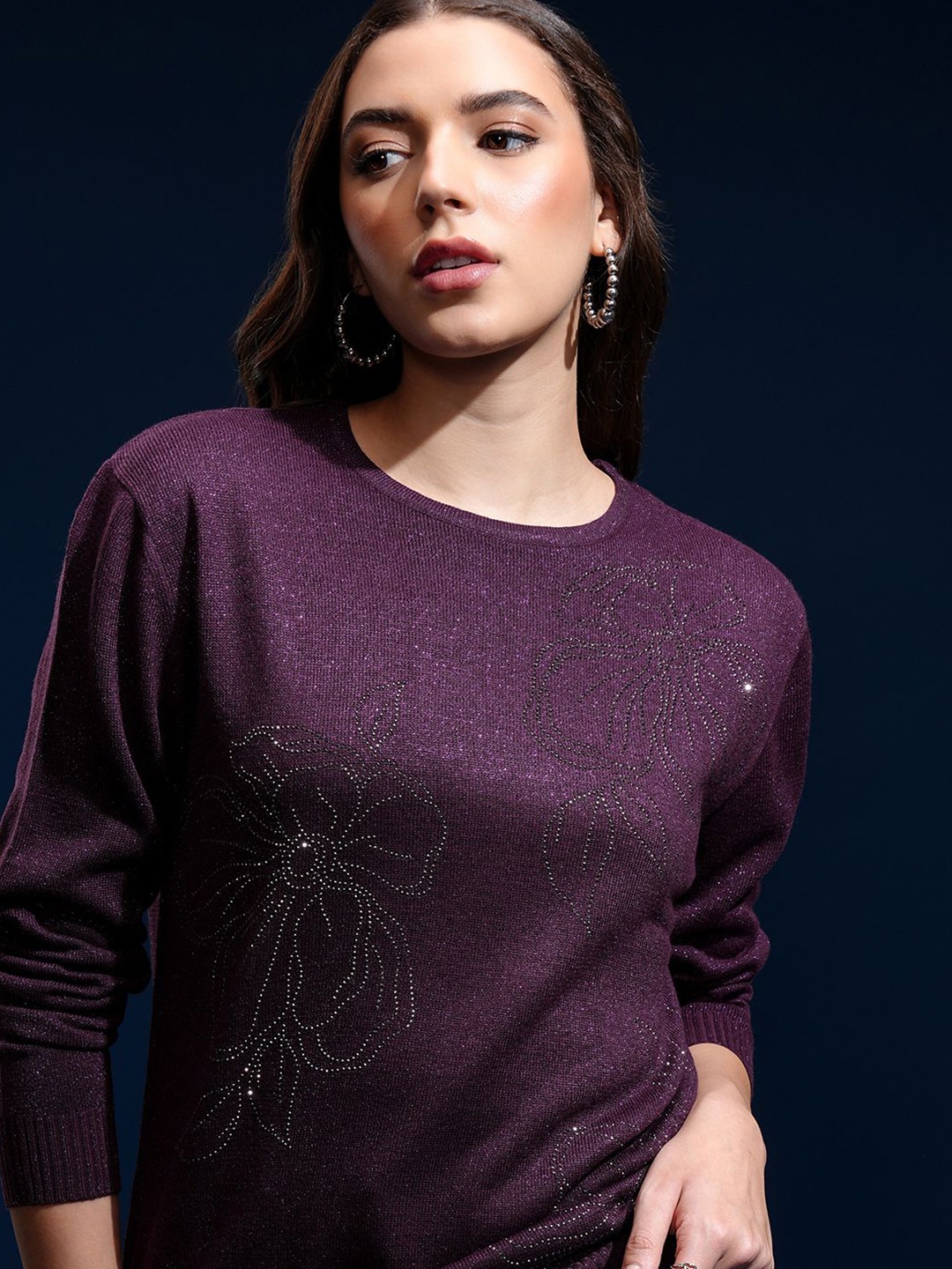 

Tokyo Talkies Women Embroidered Pullover Sweater, Purple