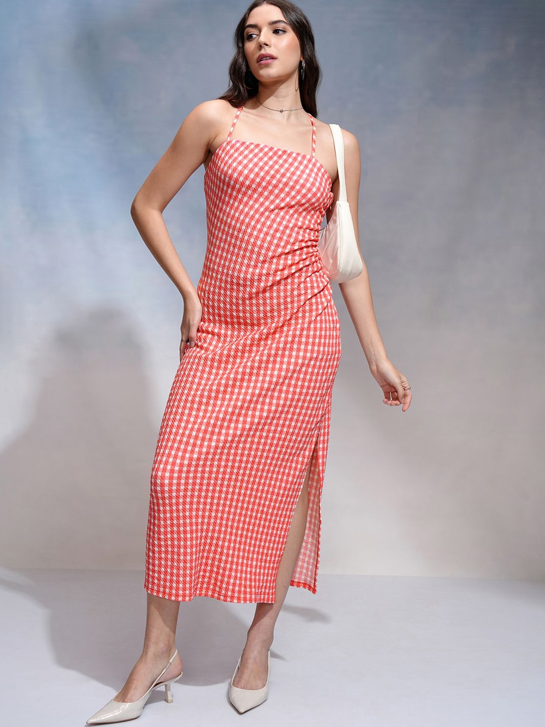

Tokyo Talkies Women Checked Sheath Midi Dress, Pink