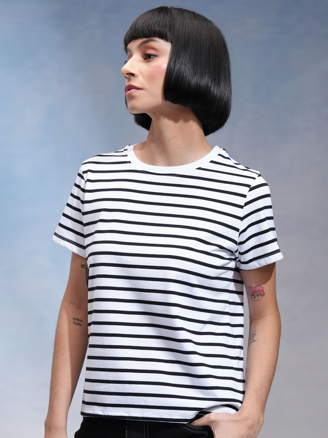 

Tokyo Talkies Women Striped Round Neck T-shirt, White