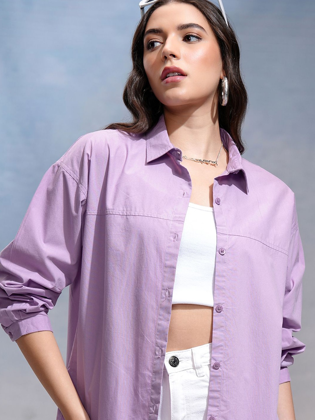 

Tokyo Talkies Women Spread Collar Solid Cotton Relaxed Fit Casual Shirt, Lavender