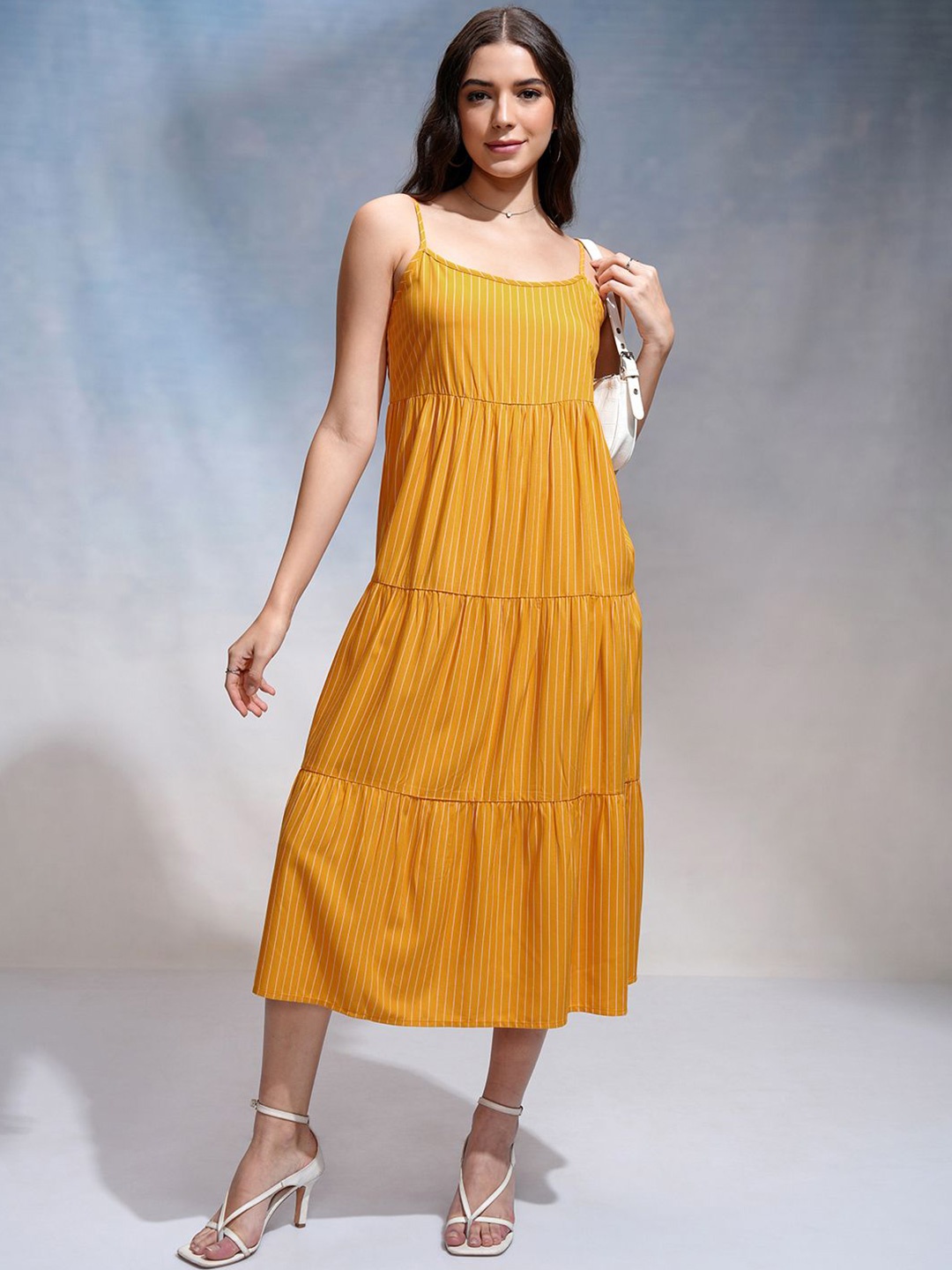 

Tokyo Talkies Women Striped Fit & Flare Midi Dress, Mustard