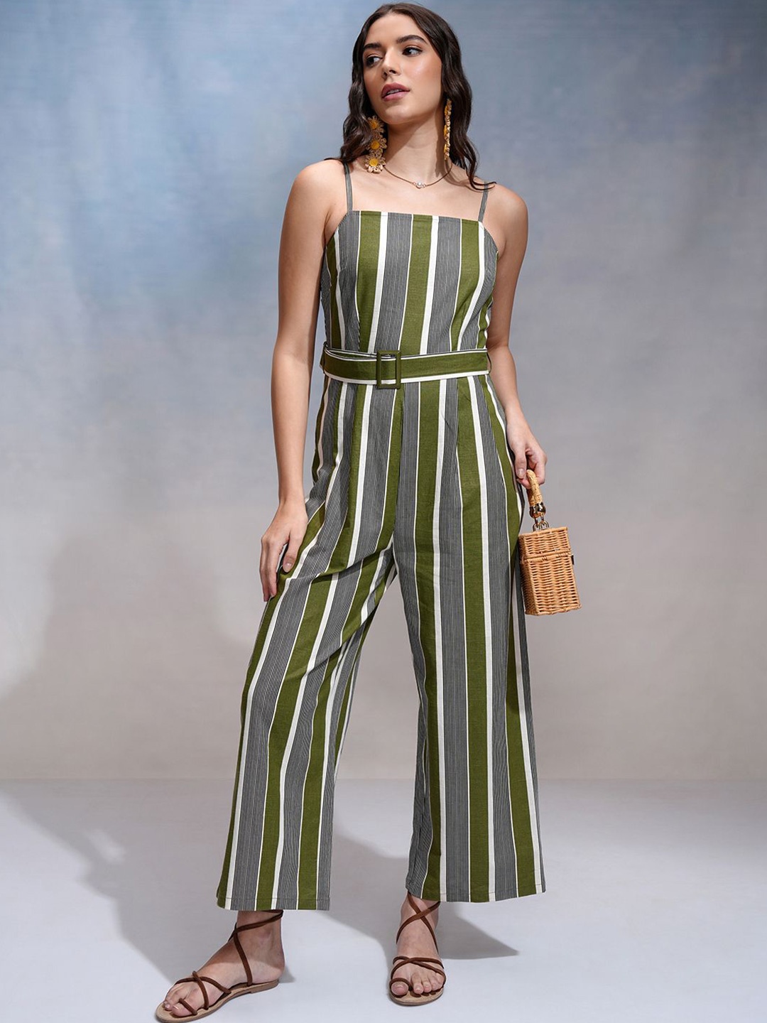 

Tokyo Talkies Women Striped Basic Jumpsuit, Green
