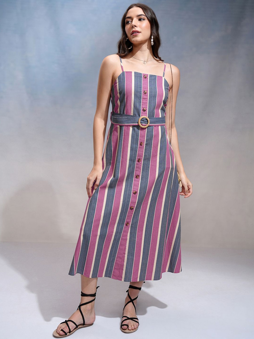 Tokyo Talkies Striped A-Line Midi Dress, Pink
