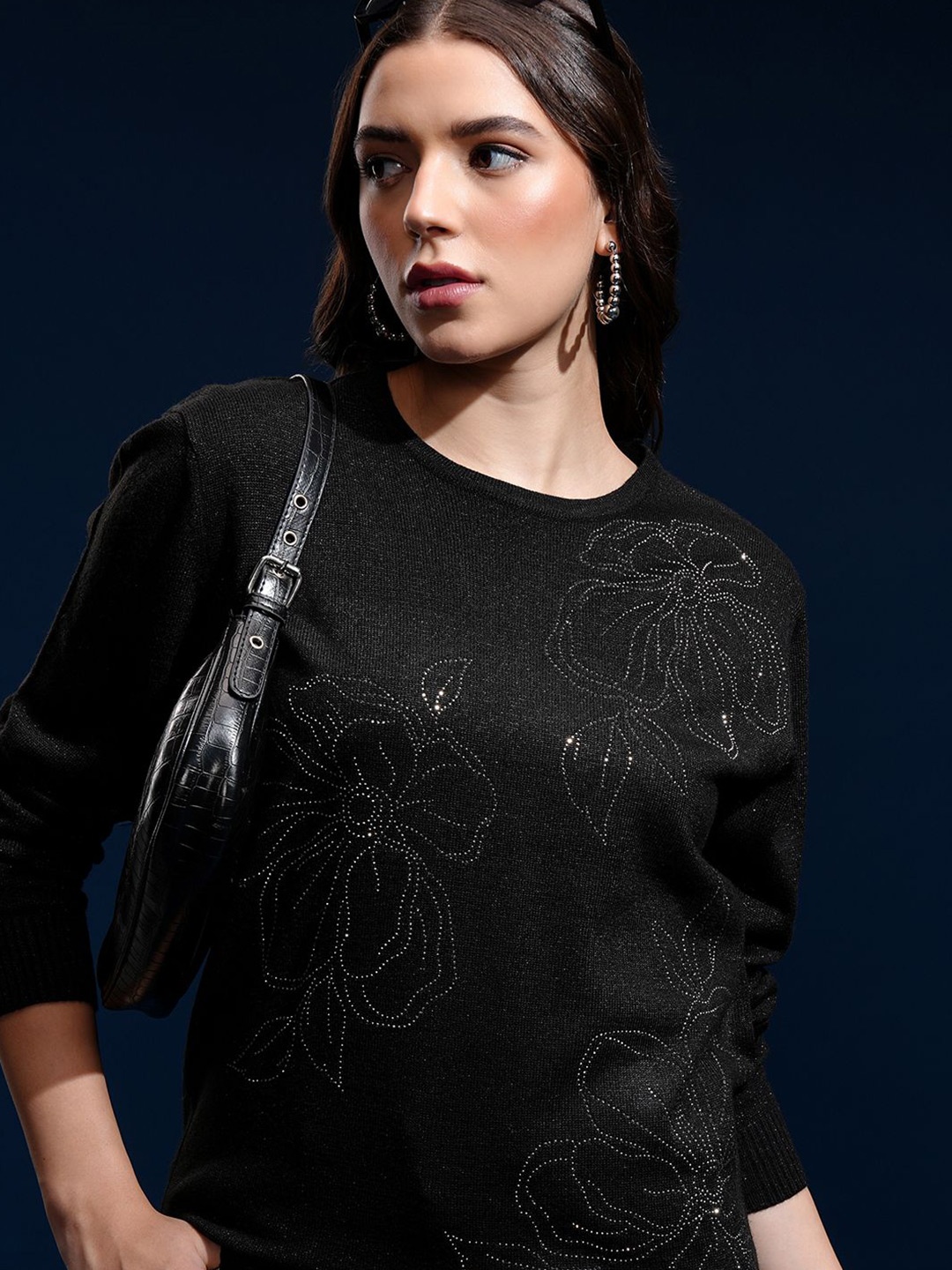 

Tokyo Talkies Women Embroidered Pullover, Black