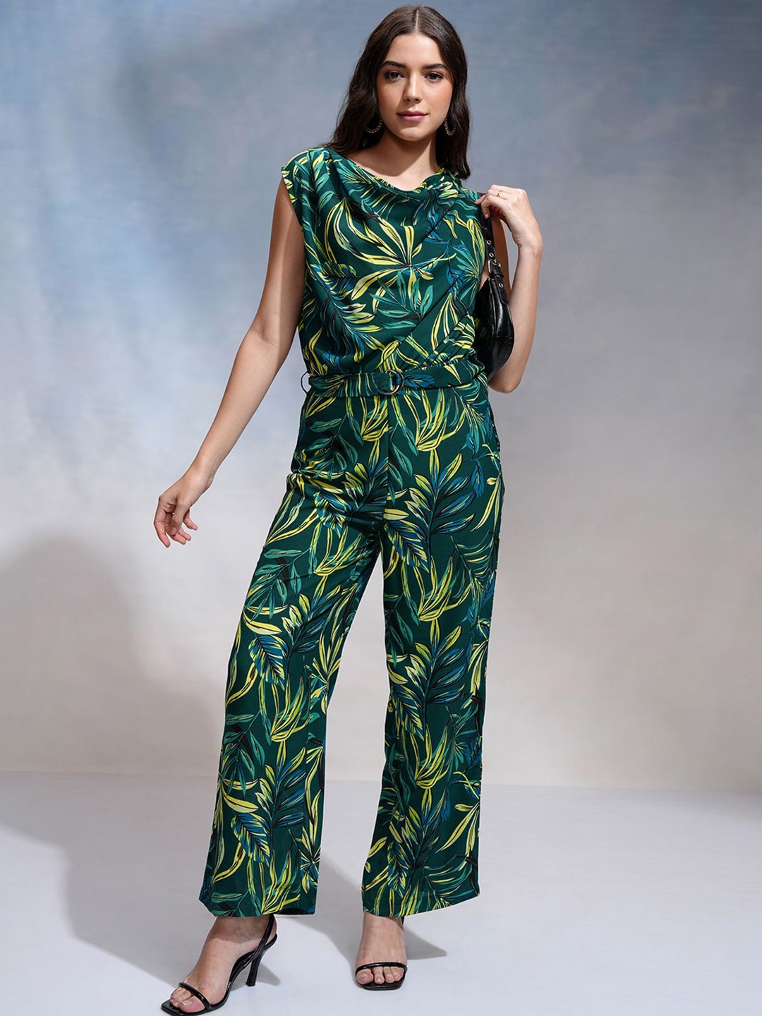 Tokyo Talkies Women Cowl Neck Printed Basic Jumpsuit, Teal