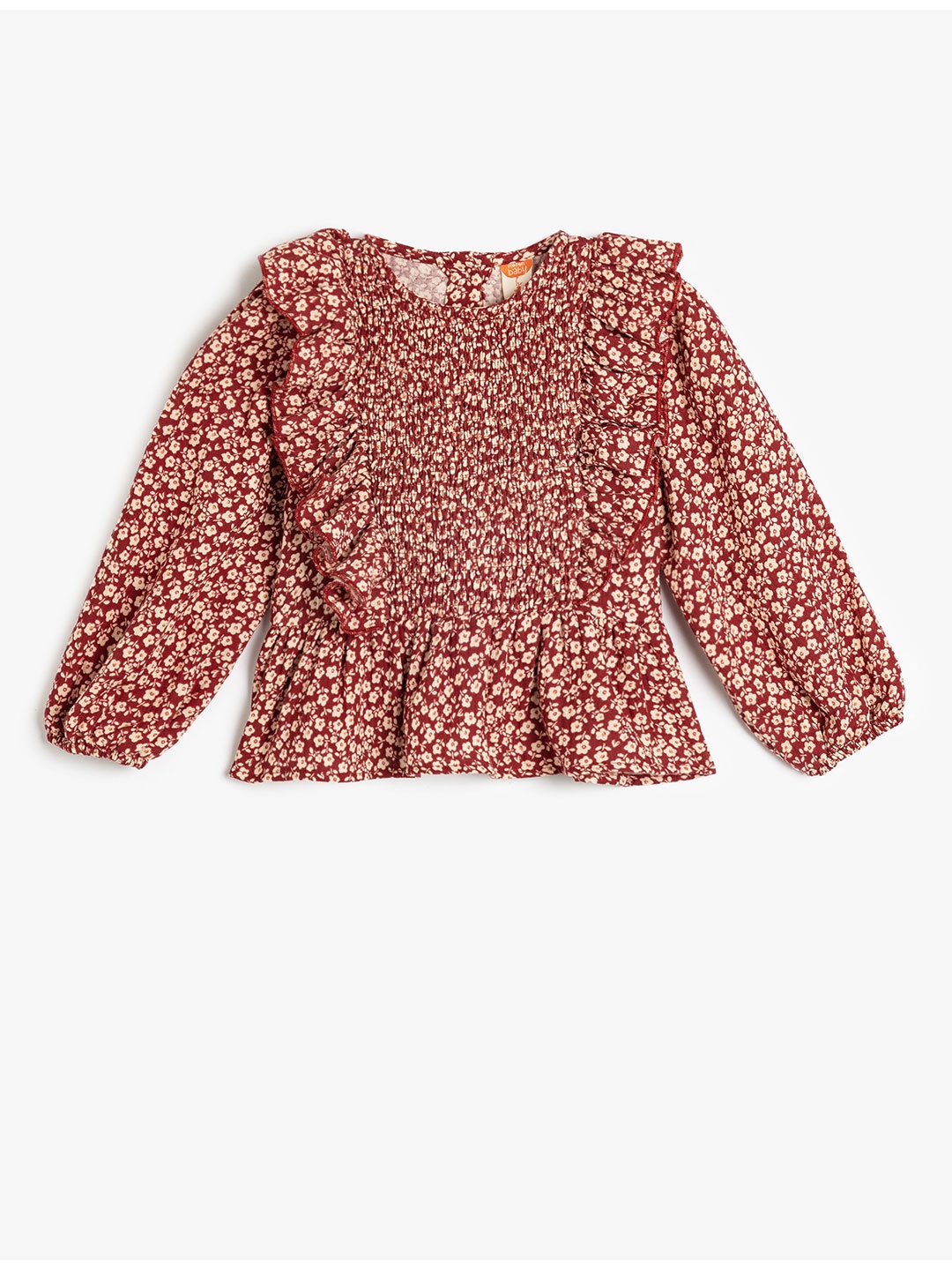 

Koton Floral Print Puff Sleeve Cotton Peplum Top, Maroon