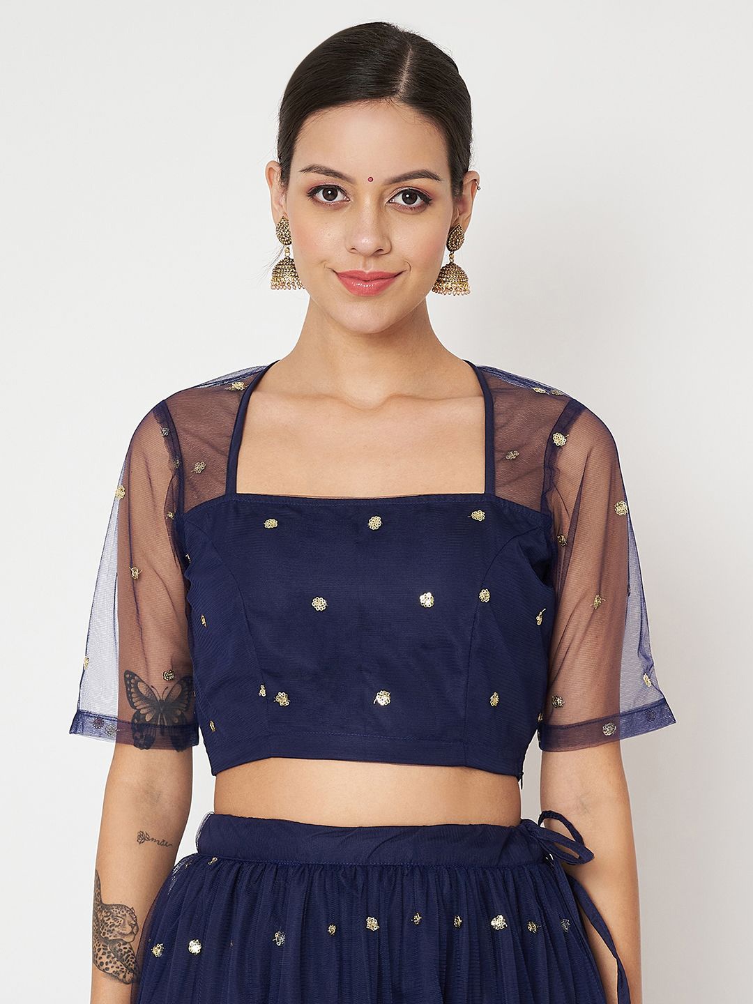 

studio rasa Polka Dot Embroidered Net Crop Top, Navy blue