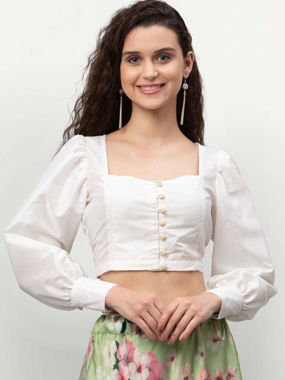 

studio rasa Puff Sleeve Sheen Shirt Style Crop Top, White