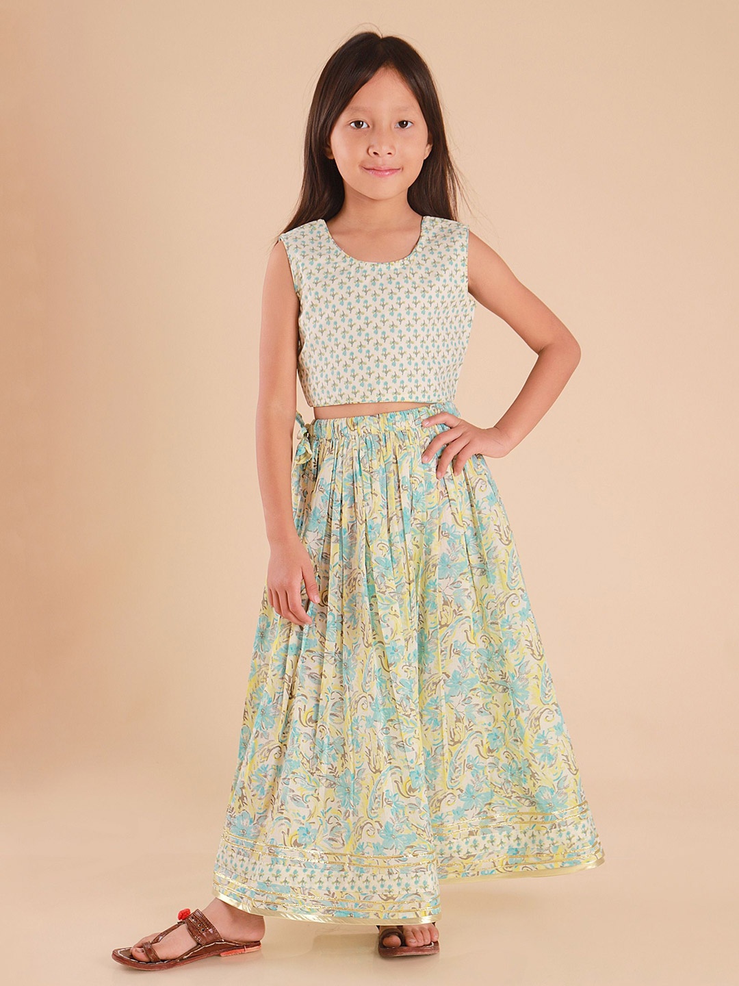 

Sangria Girls Floral Printed Pure Cotton Lehenga With Choli, Sea green