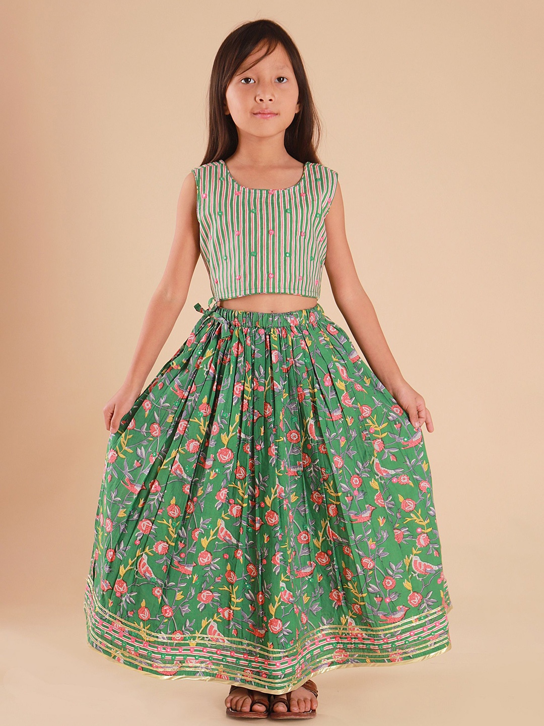 

Sangria Girls Floral Printed Pure Cotton Lehenga With Choli, Green