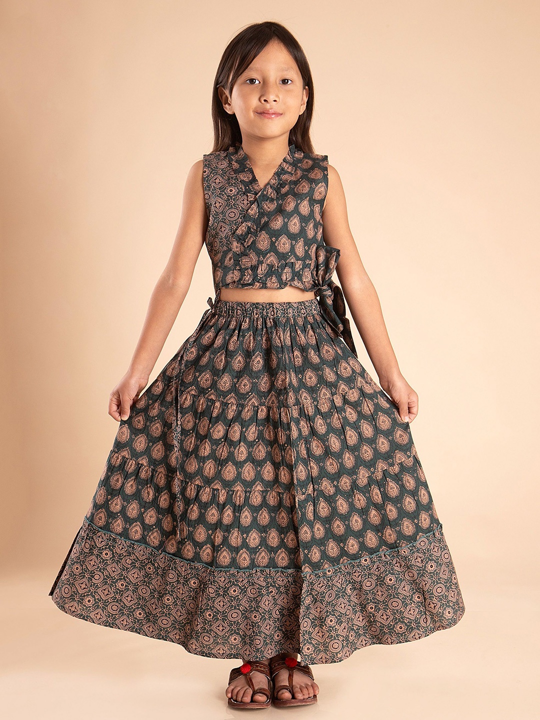 

Sangria Girls Printed Pure Cotton Lehenga With Choli, Green