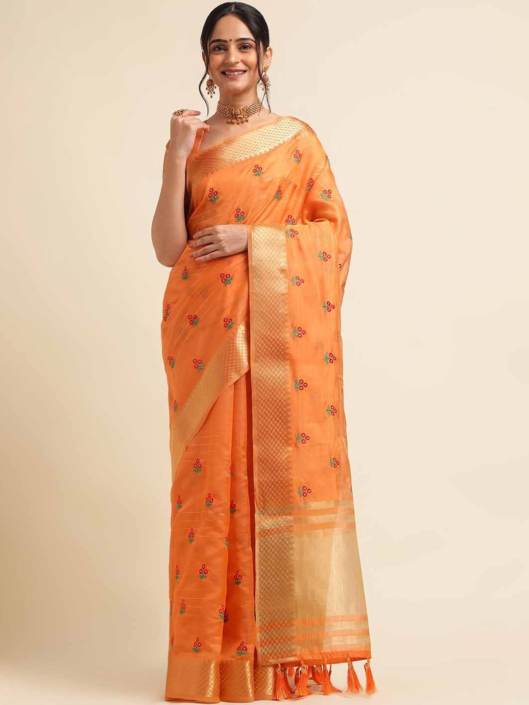 

Mitera Floral Embroidered Silk Cotton Saree, Orange