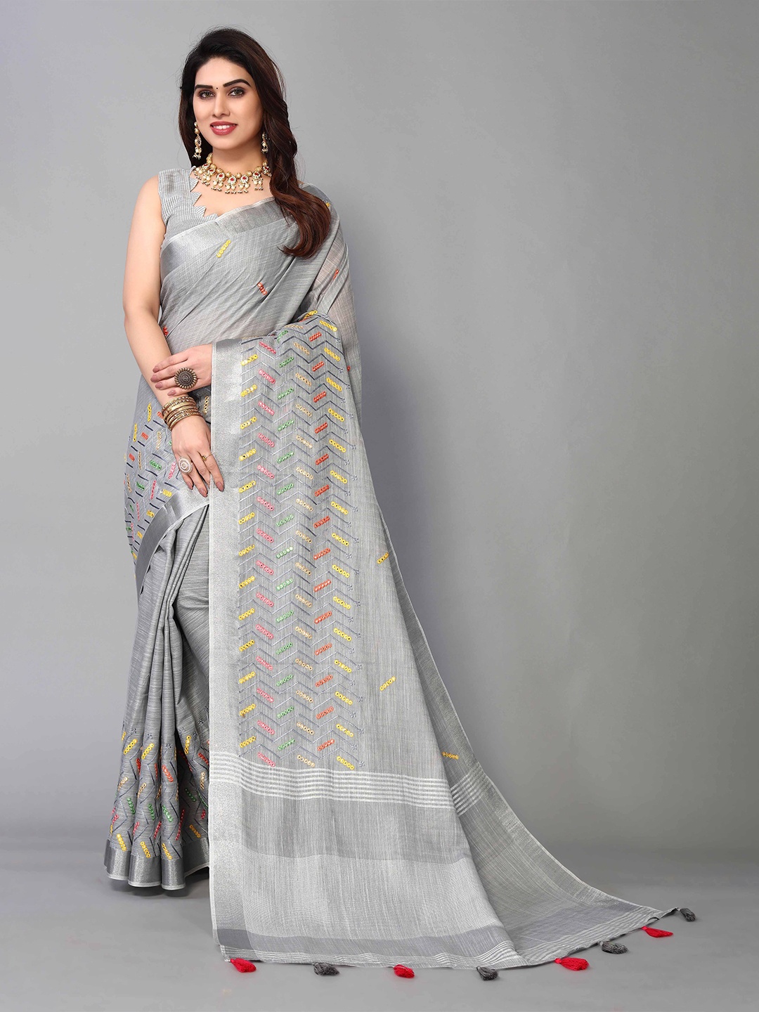 

Mitera Woven Design Mirror Work Linen Blend Saree, Grey