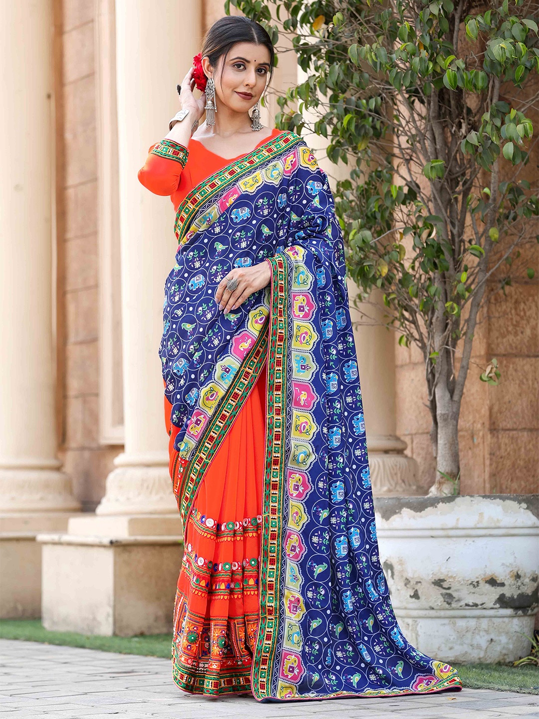 

Mitera Embellished Kutchi Embroidery Poly Georgette Patola Saree, Blue