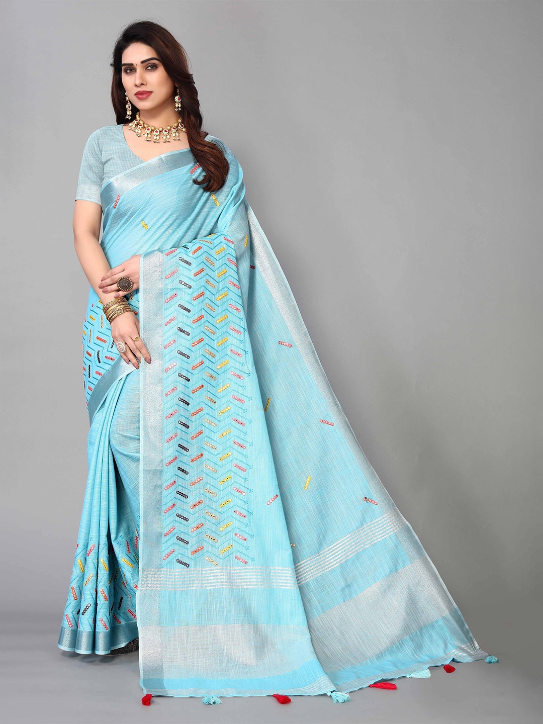 

Mitera Mirror Work Linen Blend Saree, Blue